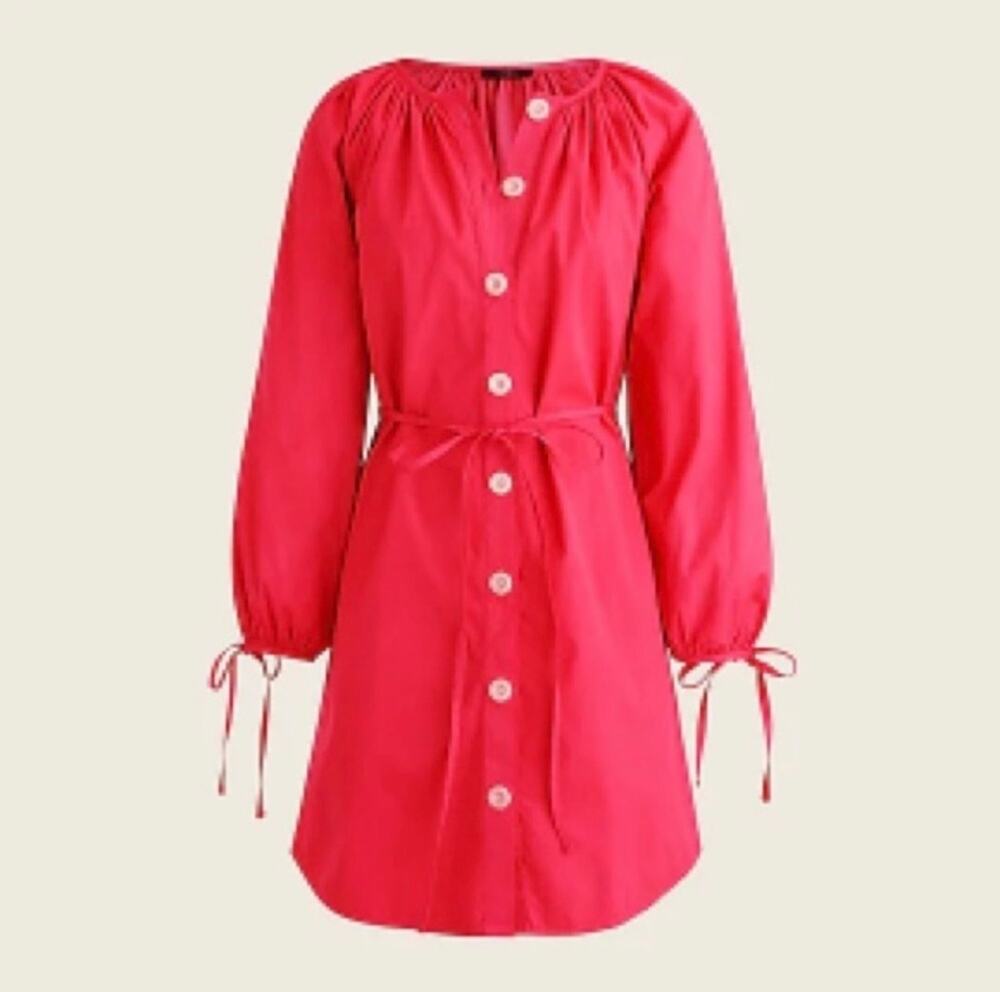 J.Crew Tie‑Sleeve Button‑Front Cotton Poplin Dress – Bright Pink SzXL NWT